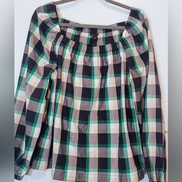 Ann Taylor Plaid Ruched Square Neck Top Size Large Black Green White Bra… - Picture 5 of 16